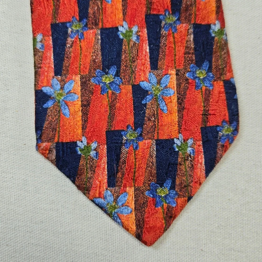 Ermenegildo Zegna Vintage Tie Silk 1990s Orange Navy Floral Made Italy‎ Designer